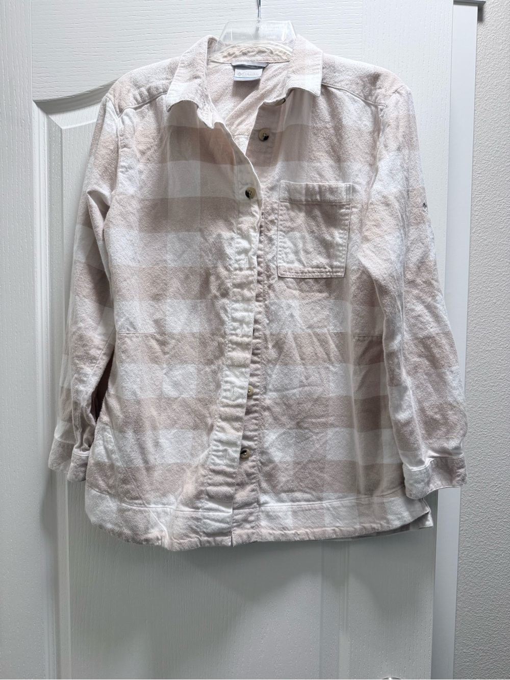 Columbia Women's Button-Down Plaid Shirt in Light Beige and White checkered